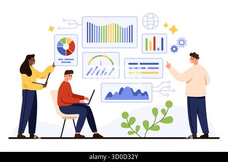 Team of backend developers collaborating on data analytics, charts, and dashboard interface for technology project, showing teamwork and digital workflow, isolated on white background vector illustration Stock Vector
