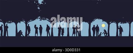Many people are seen under trees in a park at the end of a day. The figures are silhouettes that contrast with the sky behind them in an image isolate Stock Vector