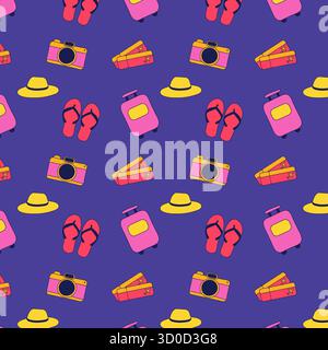 A colourful, seamless pattern on a blue background features travel items such as pink suitcases, cameras, yellow sun hats, red flip flops, and luggage with aeroplane stickers. Stock Vector