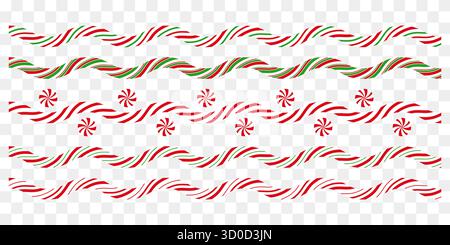 Wavy candy cane striped peppermint borders in festive colors. Lollipop decor. Winter decoration. Stock Vector