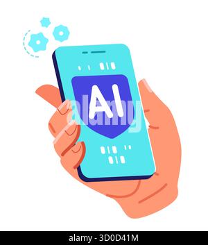 AI on smartphone screen. Hand touching virtual assistant for customer support. Global data access on online network Stock Vector