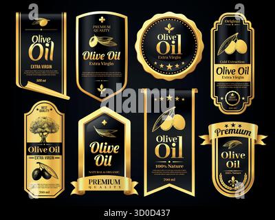 Olive oil label. Organic products premium quality labels with engraved olives, natural award badges for bottle packaging design. Vector olive banners Stock Vector