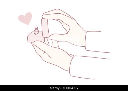 Man hold jewelry box with ring make marriage proposition to woman lover. Male do engagement offer to beloved girl. Newlywed, getting married concept. Will you marry me. Flat vector illustration. Stock Vector
