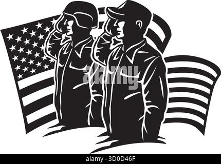 Two American Soldiers and USA Flag. Vector Illustration. Stock Vector