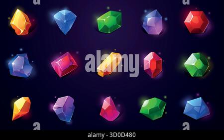 Gem game icon. Cartoon precious jewelry, magic glossy colored crystals for mobile games, fantasy shiny puzzle jewel UI asset. Vector isolated collecti Stock Vector