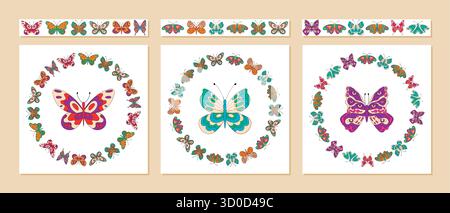 Groovy Retro Butterfly Seamless Border Set Stock Vector