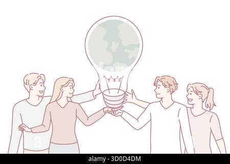Diverse people hold lightbulb with planet earth inside show care for environment. Happy men and women demonstrate world protection. Eco-friendly lifestyle concept. Flat vector illustration. Stock Vector