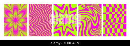 Psychedelic acid color illusion patterns set. Vector illustration of abstract wavy, flower, star ripple background, dizzying texture posters, hypnotic pink and green line art, curves motion effect Stock Vector