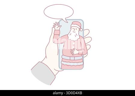 Person hold cellphone talk on video call with Santa Claus on home lockdown or quarantine. Speaking with Christmas father on virtual webcam event on smartphone. New Year. Vector illustration. Stock Vector