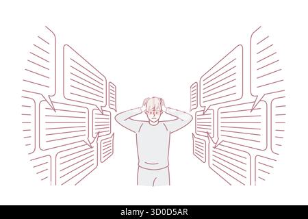 Too much information and communication concept. Young stressed man cartoon character standing touching head with many speech bubbles on each sides vector illustration Stock Vector
