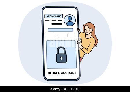 Woman with paranoia uses private account on social networks, stands near phone with anonymous application. Girl is trying to avoid digital surveillance and opens private account to prevent stalking. Stock Vector