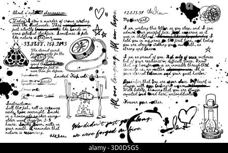 Hand written journal with scribble text, letter notes and black ink drawings of compass, fish and moth on white paper. Personal diary entries with dates, doodles and crossed words for documentation. Stock Vector