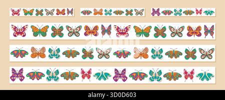 Groovy Retro Butterfly Seamless Border Set Stock Vector