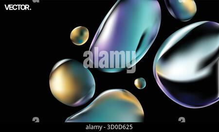 Iridescent Liquid Bubbles on Black Background A Captivating Abstract 3D Vector Artwork Stock Vector
