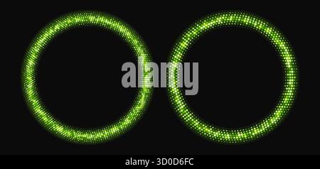 Green halftone frames, glowing circle borders, round pattern with dots, radial disco luxury design element. Stock Vector