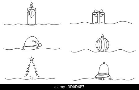 Winter set. Continuous one line drawing Christmas design elements. Simple modern symbol by one line for Winter holidays, merry christmas, happy new ye Stock Vector