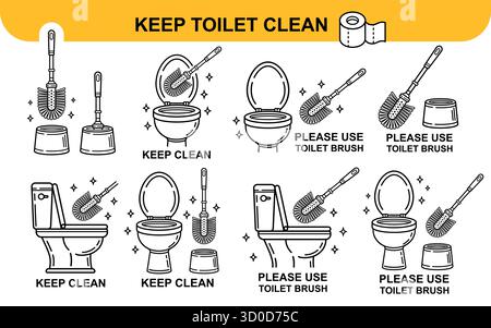 Toilet brush use for restroom bowl cleaning. Keep clean lavatory water closet in WC room sign. Washroom hygiene cleaner wash plumbing equipment vector Stock Vector