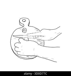 Close up hands cutting cucumber with knife on chopping board, Vector drawing, Hand drawn illustration black ink sketch on white background. Cooking Stock Vector