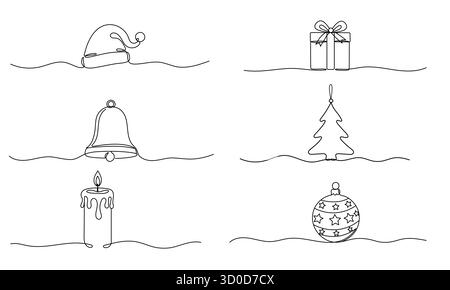 Winter set. Continuous one line drawing Christmas design elements. Simple modern symbol by one line for Winter holidays, merry christmas, happy new ye Stock Vector