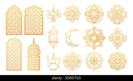 Islamic Ramadan ornament set with arch windows and traditional motifs for celebration - golden lanterns, teapots and moon crescents with geometric mandalas. Arabic decorative elements for Eid festival Stock Vector