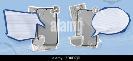 Phone mockups with paper speech bubbles and lined notebook elements for messaging design. Smartphones with torn newspaper pieces and blue chat balloons on grunge bg. Mobile conversation templates Stock Vector