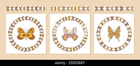 Groovy Retro Butterfly Seamless Border Set Stock Vector