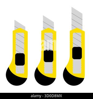 Set of Utility Knives with silver segmented blades in different lengths Vector. Perfect for icons, instruction manuals, packaging, safety posters. Stock Vector
