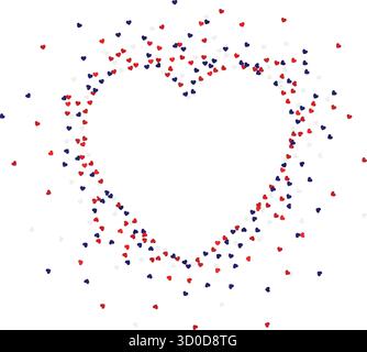 Heart shaped frame wreath of little red, blue, white hearts confetti isolated on background. Falling tinsel. Festive party decoration. 4th July, Indep Stock Vector