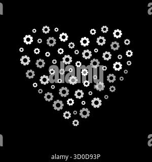 Image of a heart made from gears and cogs on a black background. The heart is intricate with multiple layers of interconnected metal pieces. Mechanics Stock Vector