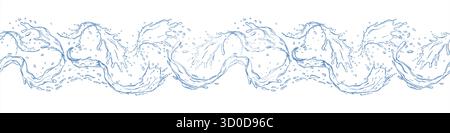 Vector blue pure water waves with splashes, drops seamless horizontal banner. Flowing water silhouettes in motion with bubbles pattern. Ornate for ski Stock Vector