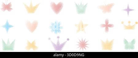 Y2k colorful dust icons set. Crown, flowers and butterfly grain noise shapes. Pastel tones dots sand texture hearts, stars and blinks. Vector blue, re Stock Vector