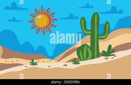 A serene desert illustration featuring standing cacti, warm tones, and minimalist design. Perfect for nature posters, travel themes, backgrounds, and Stock Vector