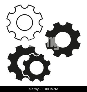 Industrial cogwheel shapes. Mechanical gear set. Three outline Vector. Black white graphic. EPS 10. Stock Vector