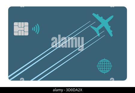 The image of an airliner leaves a contrail design across the face of an air miles reward credit card in this illustration about perks for air traveler Stock Vector