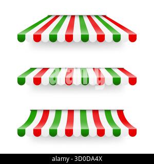 Shop sunshade. Realistic striped cafe awning. Outdoor market tent. Roof canopy in Italian flag colors. Summer street store. Vector illustration Stock Vector