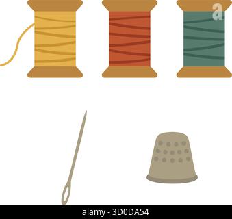 A neat layout features colored thread spools a sewing needle and a protective thimble for craft projects Stock Vector