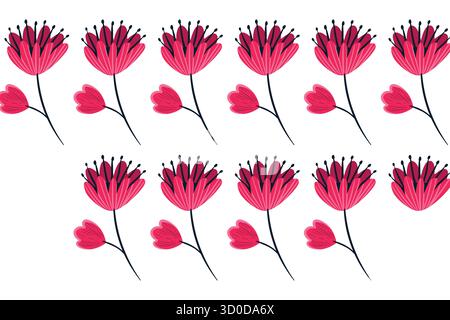This is a seamless pattern of stylized pink flowers with dark stems and small leaves on a clean white background The arrangement creates a repeating f Stock Vector