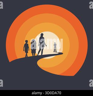 A family is seen in front of a sunset Stock Vector