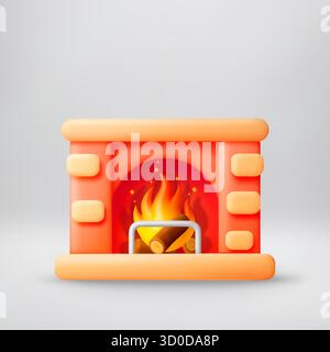 Orange cute fireplace with burning log and flames Stock Vector