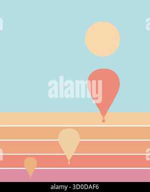 Hot air balloons are seen at sunset in a graphic design that is a background image. Stock Vector