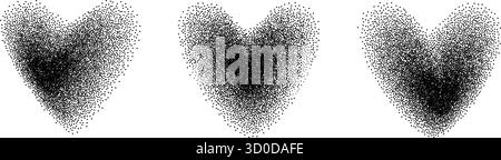 Hearts y2k black halftone icons. Grain noise gradient dots dust shapes. Retro stippling simple forms set. Black grainy heart shade isolated. Vector sp Stock Vector
