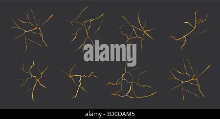Golden cracks effect in japanese kintsugi on black background. Luxury marble stone. Broken porcelain gold fissures. Marble texture. Luxury design for wall art, wallpaper, wedding card, social media. Vector illustration Stock Vector