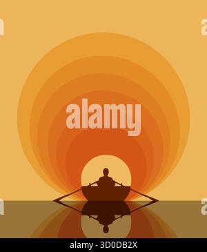 A man in a rowboat is seen in front of a graphic sunset in.a vector image. Stock Vector