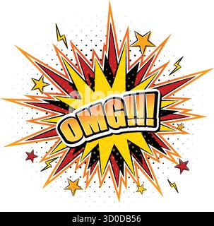 Bold OMG text in vibrant comic explosion, dynamic pop art style, halftone background, energetic composition Stock Vector