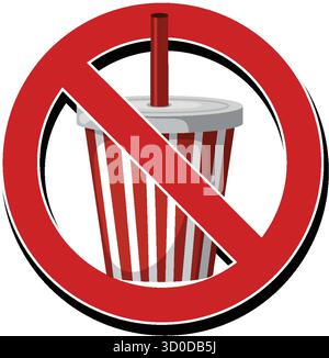 Bold vector icon of striped disposable cup with straw crossed out by red prohibition sign. Stock Vector