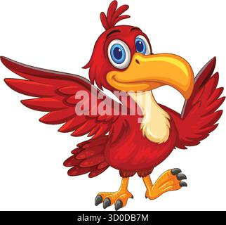 Bright red cartoon bird with large beak, blue eyes, and open wings, white background Stock Vector