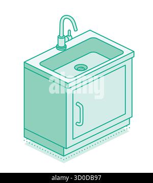 Isometric kitchen sink with cabinet and faucet. Modern vector illustration in outline style. Minimalistic interior furniture and plumbing concept. Stock Vector