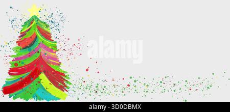 Colourful abstract Christmas tree looks like an oil painting on canvas structure. Splashes and blobs. In front of white background. Stock Vector