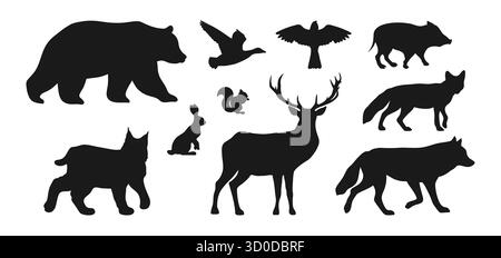 Silhouettes of forest animals and birds isolated on white background. Wild pig silhouette. Vector illustration Stock Vector
