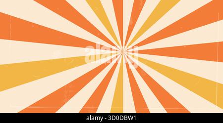 Groovy warm colors starburst background with scratches and dust noise. Retro sun rays illustration. Vector decoration. Radial carnival stripes vintage Stock Vector